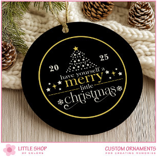 Elegant Gold Black Merry Little Christmas Photo Ceramic Ornament