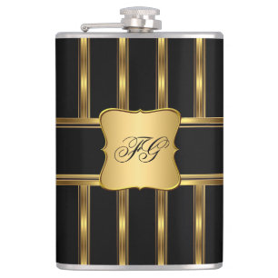 Elegant Gold Black Metal look Monogram Name Hip Flask