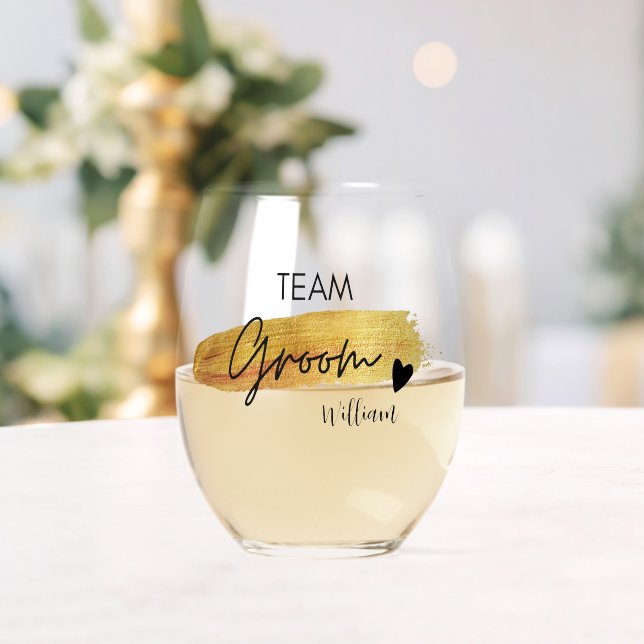Elegant Gold & Black Modern Typography Team Groom Stemless Wine Glass (Insitu (Wedding))