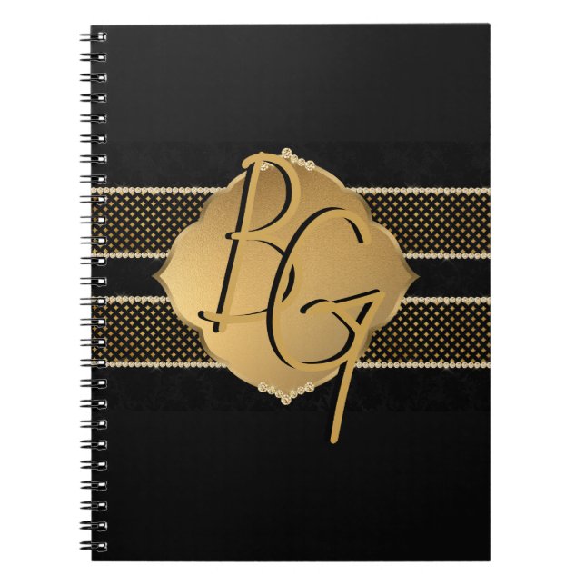 Elegant Gold Black Monogram Design Notebook (Front)