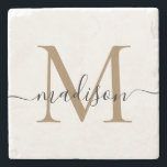 Elegant Gold Black Monogram Feminine Script Name Stone Coaster<br><div class="desc">Elegant Gold Black Monogram Feminine Script Name Stone Coaster</div>