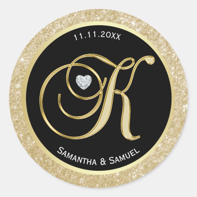 Elegant Gold Black Monogram Letter 'K' Wedding Classic Round Sticker (Front)