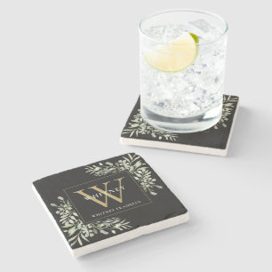 Elegant Gold Black Monogram Watercolor Greenery St Stone Coaster