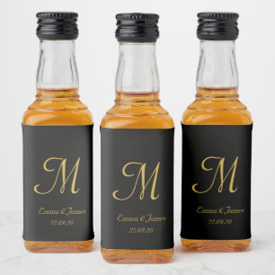 Elegant Gold & Black Monogram Wedding Favour Liquor Bottle Label