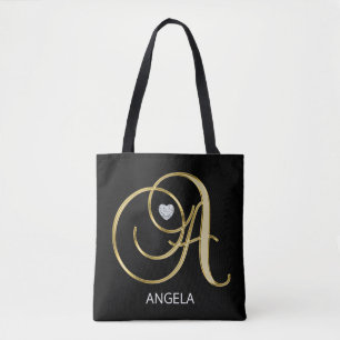 Elegant Gold Black Monogrammed Letter Initials A Tote Bag
