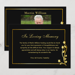 Elegant Gold & Black Photo Funeral Thank You Card