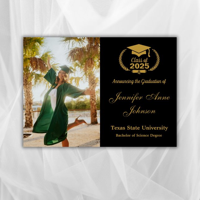 Elegant Gold Black Photo Graduation Announcement (Creator Uploaded)