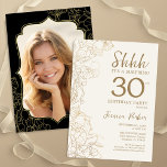 Elegant Gold Black Photo Surprise 30th Birthday Invitation<br><div class="desc">Elegant gold cream and black surprise 30th birthday party invitation with your photo on the back of the card. Trendy modern feminine design features botanical accents and typography script font. Simple floral invite card perfect for a stylish female surprise bday celebration. Can be customized to any age. Printed Zazzle invitations...</div>