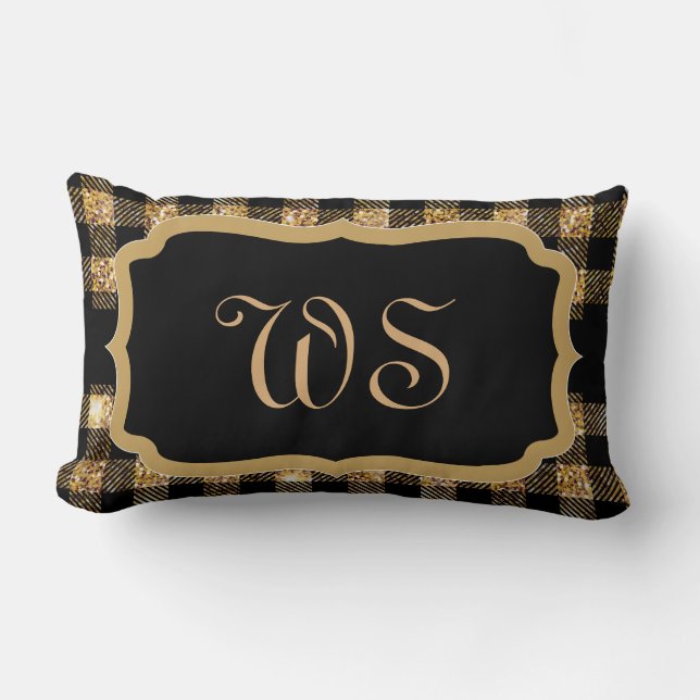 Elegant Gold Black Plaid Pattern Chic Monogrammed Lumbar Pillow (Front)
