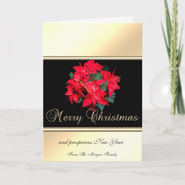 Elegant Gold, Black, Poinsettia -Personalized Holiday Card (Front)