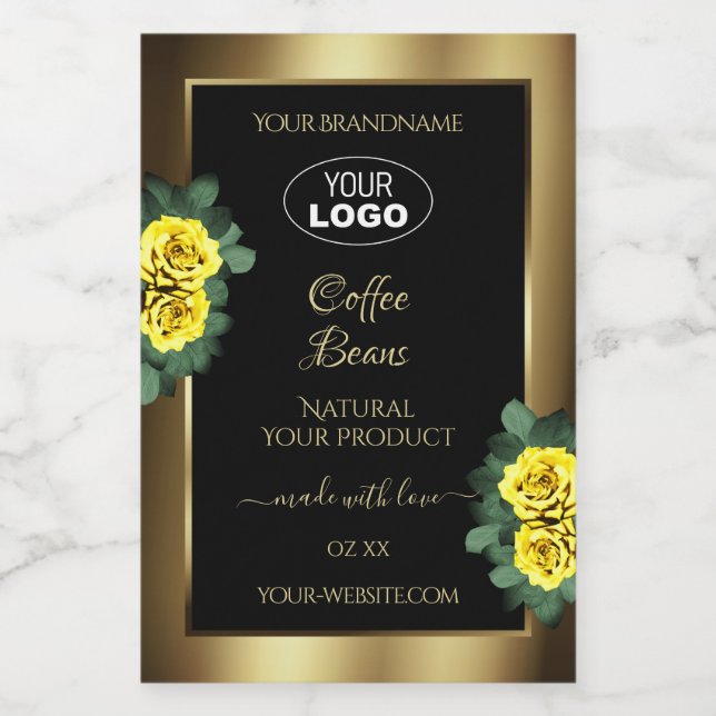 Elegant Gold Black Product Label Yellow Roses Logo (Single Label)