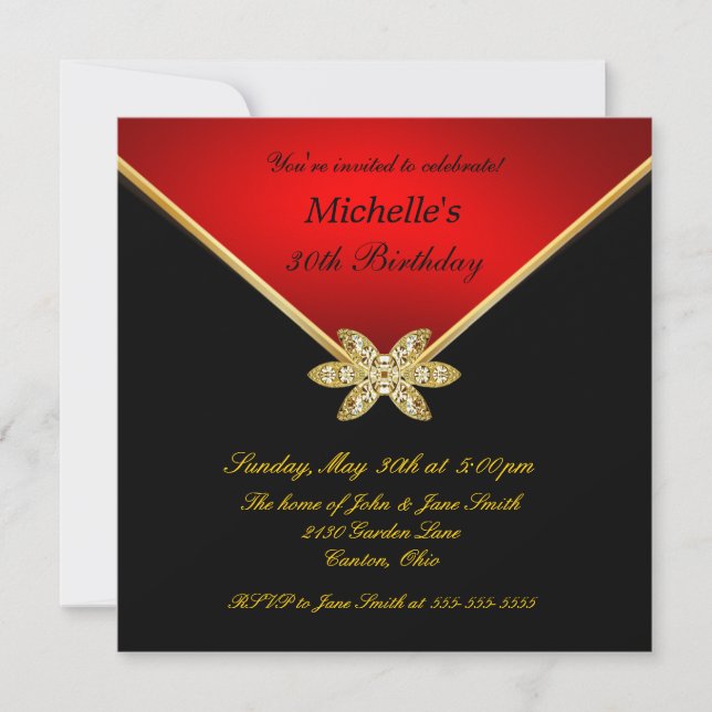 Elegant Gold Black Red Ladies Birthday Party Invitation (Front)