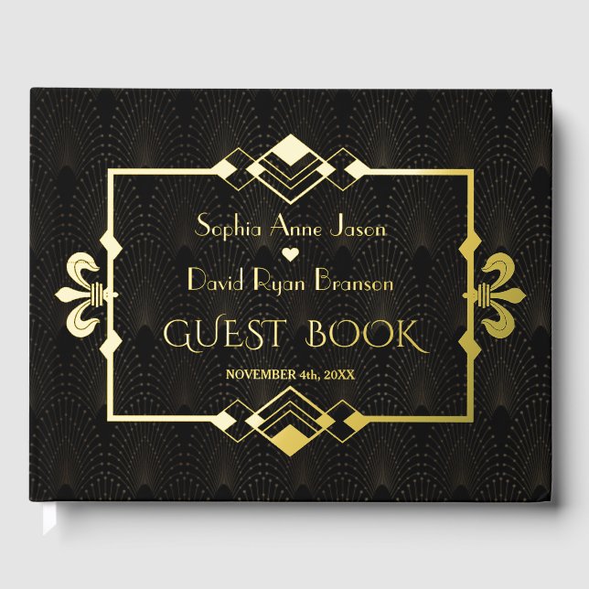 Elegant Gold Black Roaring 20's Art Deco Wedding Guest Book (Front)