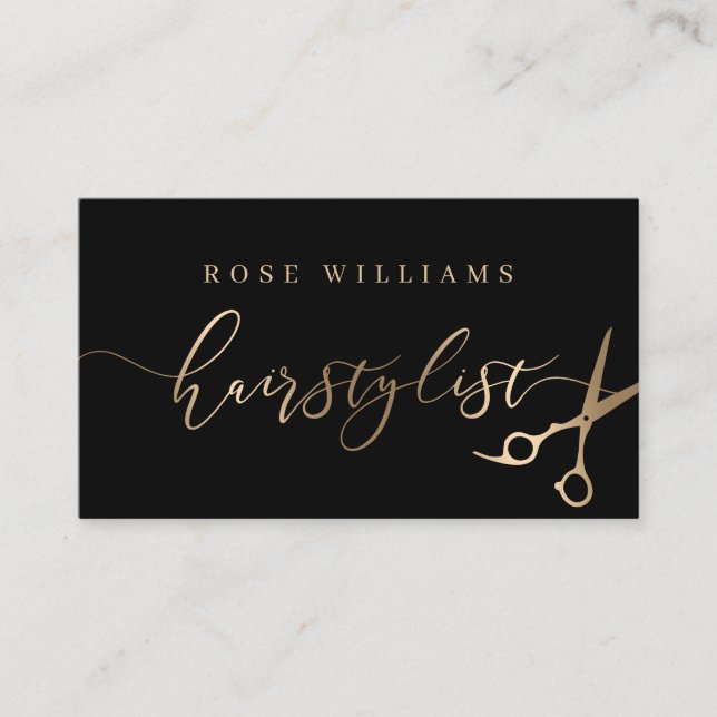 Elegant gold & black scissors hairstylist business card (Front)