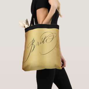 Elegant Gold Black Script Bride Wedding Tote Bag