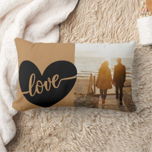 Elegant Gold Black Script Heart Love Photo Lumbar Pillow