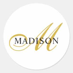 Elegant Gold Black Script Monogram  Classic Round Sticker