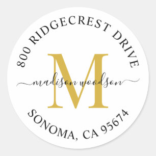 Elegant Gold Black Script Monogram Return Address  Classic Round Sticker