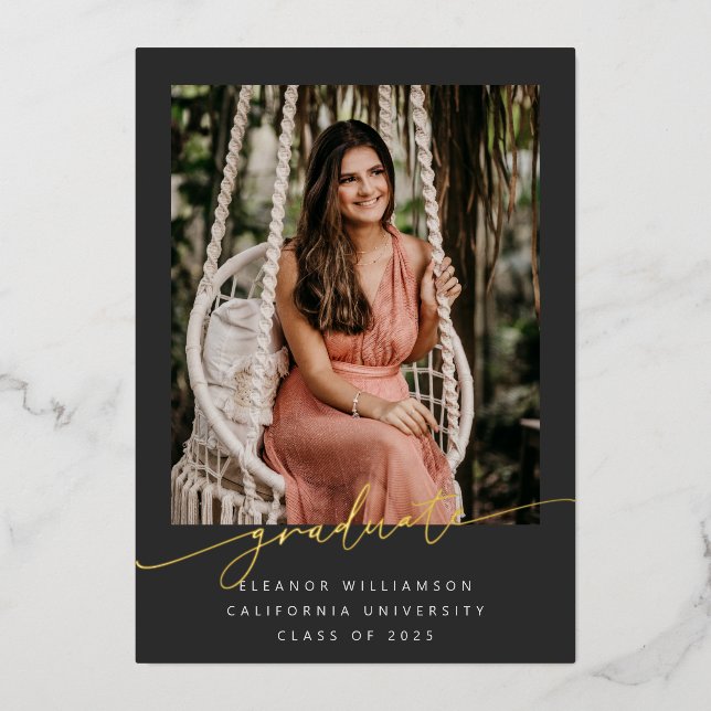 Elegant Gold Black Script Overlay Photo Graduation (Front)