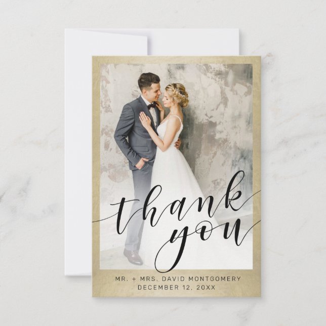 Elegant Gold Black Script Wedding Photo Thank You (Front)