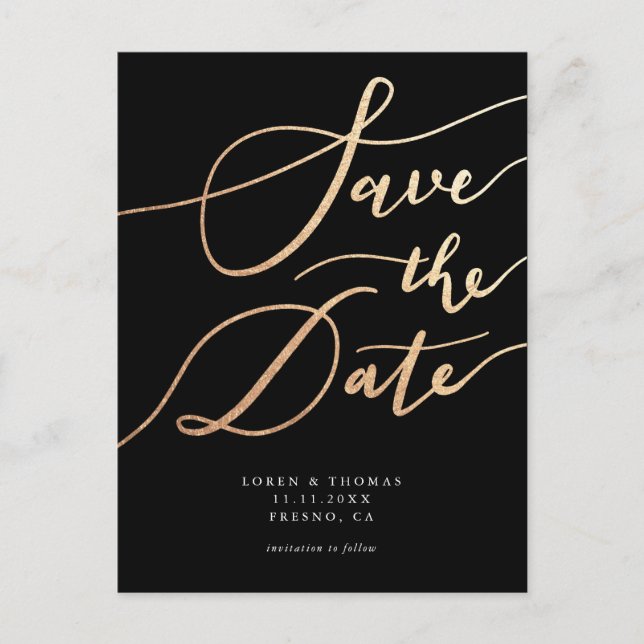 Elegant Gold Black Script Wedding Save The Date Announcement Postcard (Front)