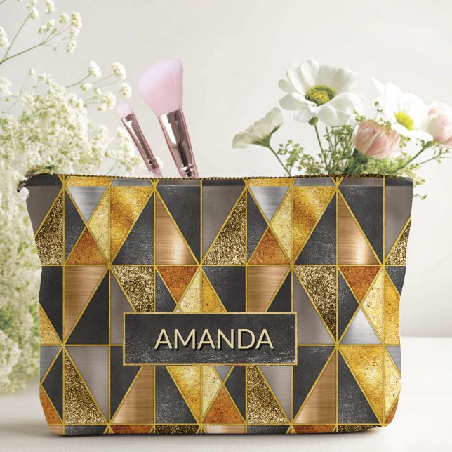 Elegant gold black silver geometric triangles accessory pouch (Creator Uploaded)