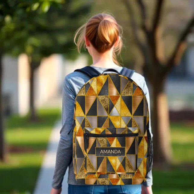 Elegant gold black silver geometric triangles printed backpack (Creator Uploaded)