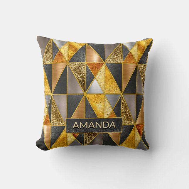 Elegant gold black silver geometric triangles throw pillow (Front)