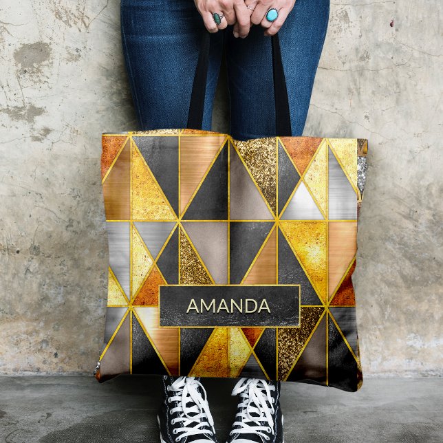 Elegant gold black silver geometric triangles tote bag (Creator Uploaded)