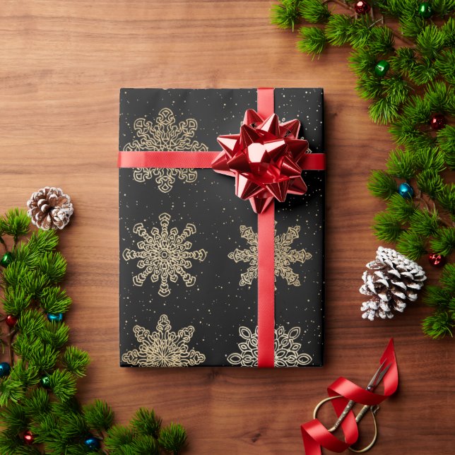 Elegant Gold & Black Snowflake Christmas Pattern Wrapping Paper (Holiday Gift)