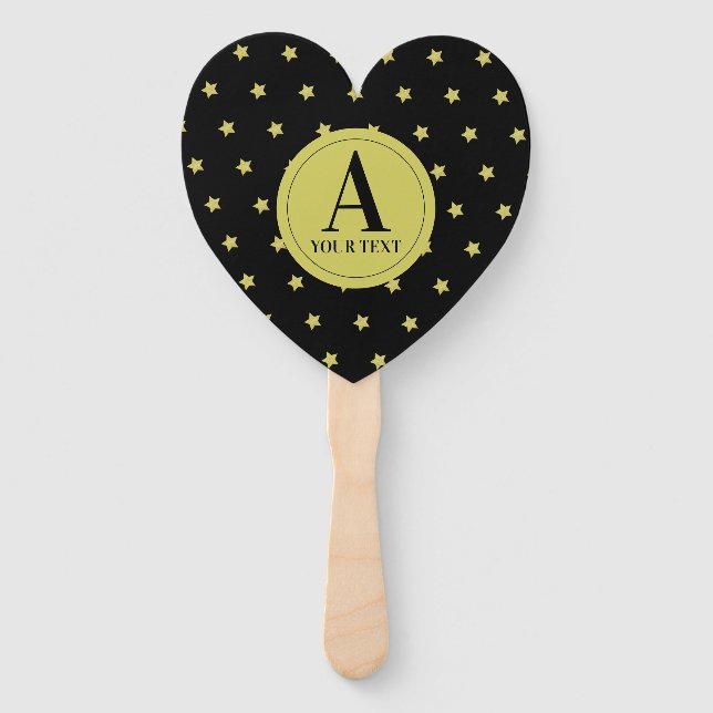 Elegant Gold & Black Star Pattern Monogram Hand Fan (Front)