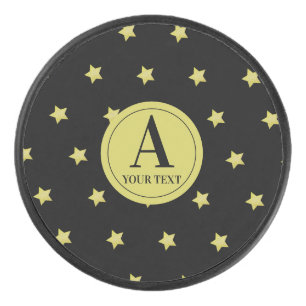 Elegant Gold & Black Star Pattern Monogram Hockey Puck