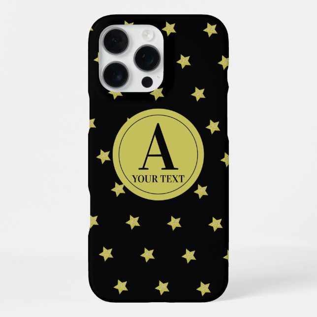 Elegant Gold & Black Star Pattern Monogram iPhone Case (Back)