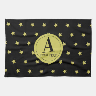 Elegant Gold & Black Star Pattern Monogram Kitchen Towel