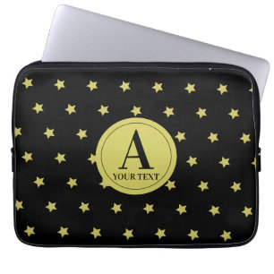Elegant Gold & Black Star Pattern Monogram Laptop Sleeve