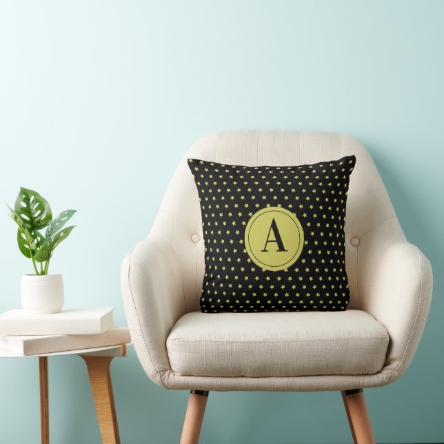 Elegant Gold & Black Star Pattern Monogram Throw Pillow (Chair)