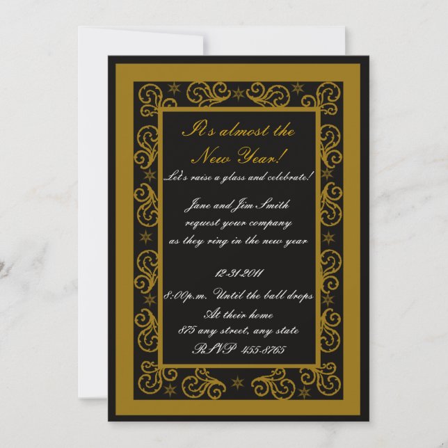 Elegant Gold & Black Swirl New Year's Invitation (Front)