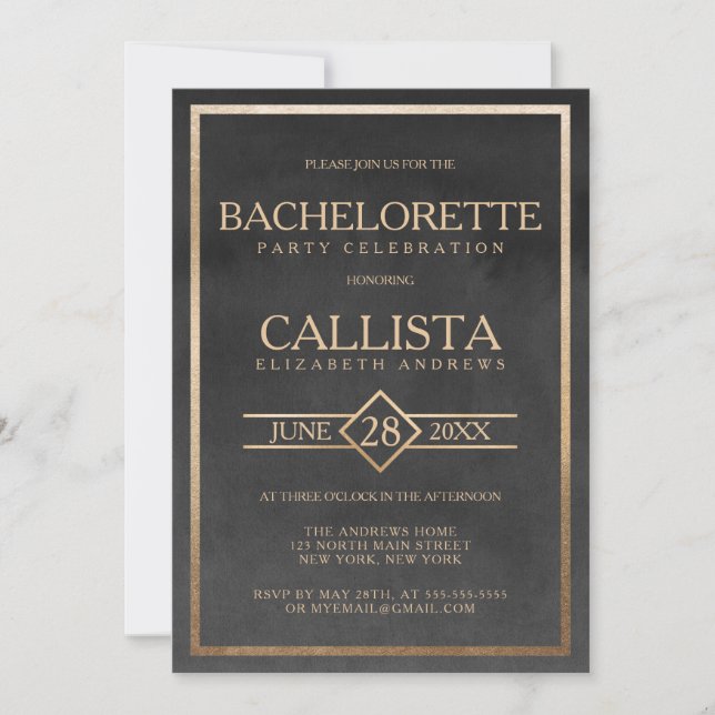 Elegant Gold Black Watercolor Frame Bachelorette Invitation (Front)