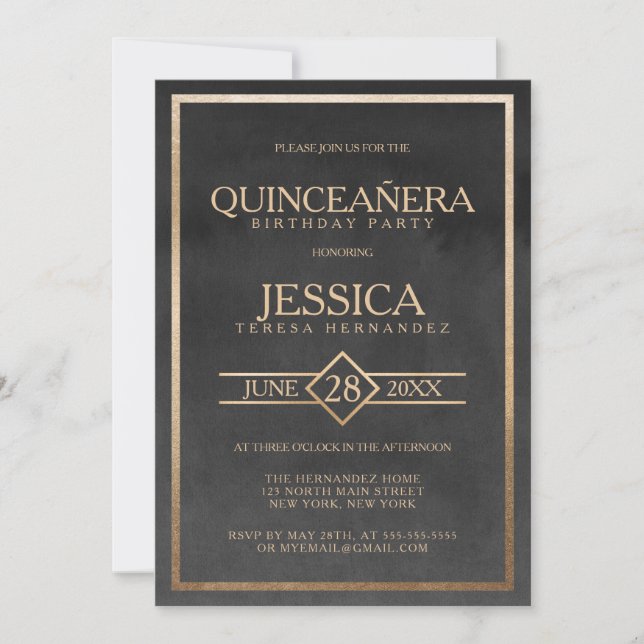 Elegant Gold Black Watercolor Frame Quinceañera Invitation (Front)