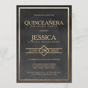 Elegant Gold Black Watercolor Frame Quinceañera Invitation