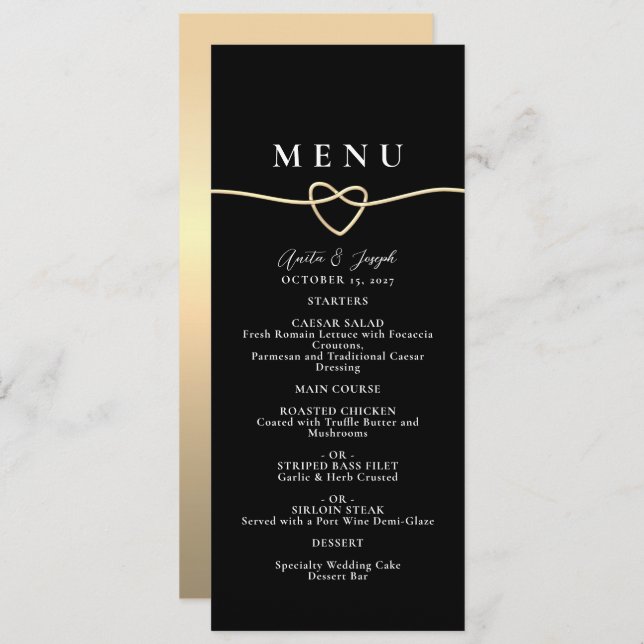 Elegant Gold Black Wedding Dinner Menu (Front/Back)