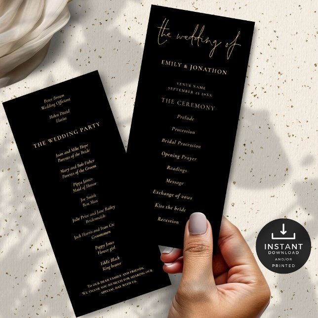 Elégant Gold Black Wedding Programme (Front and back view)