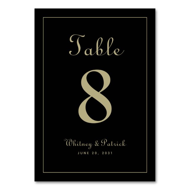 Elegant Gold Black Wedding Reception Formal Dinner Table Number (Front)