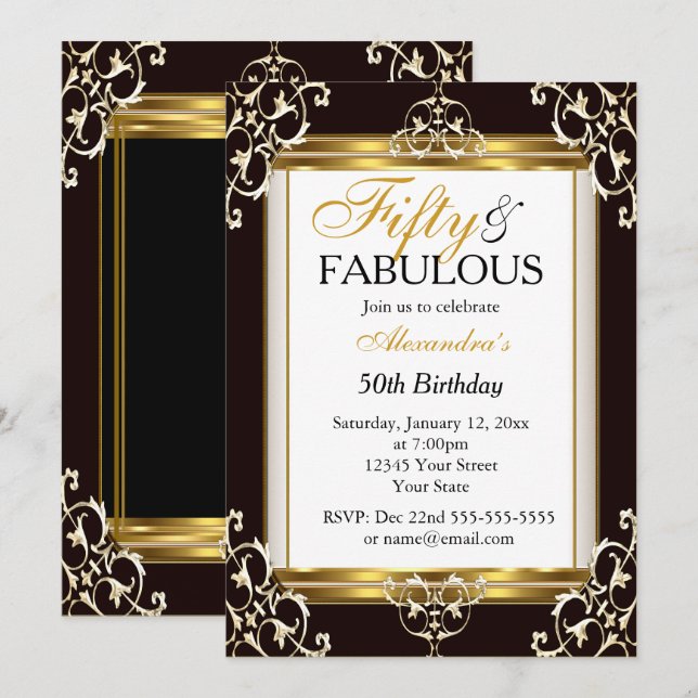 Elegant Gold Black white 50th Fabulous Birthday Invitation (Front/Back)