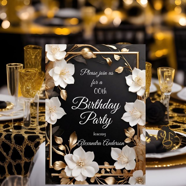 Elegant Gold Black White floral Birthday Party Invitation (Creator Uploaded)