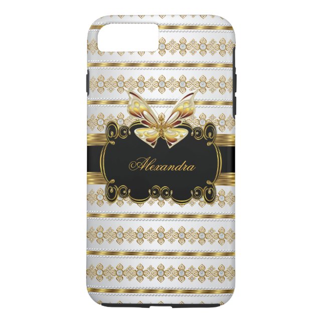 Elegant Gold Black White Jewel Stripe Butterfly Case-Mate iPhone Case (Back)