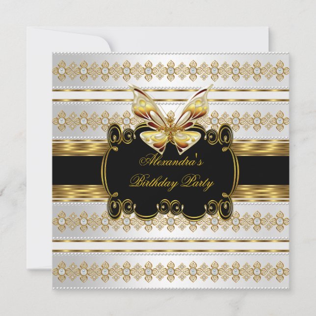 Elegant Gold Black White Jewel Stripe Butterfly Invitation (Front)