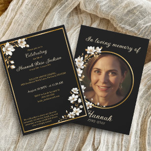 Elegant Gold Black White Magnolia Funeral Service Invitation