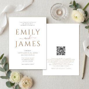 Elegant Gold Black Writing QR Code Wedding White Invitation