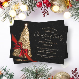 Elegant Gold Black Xmas Tree Ribbon Holiday Party Invitation